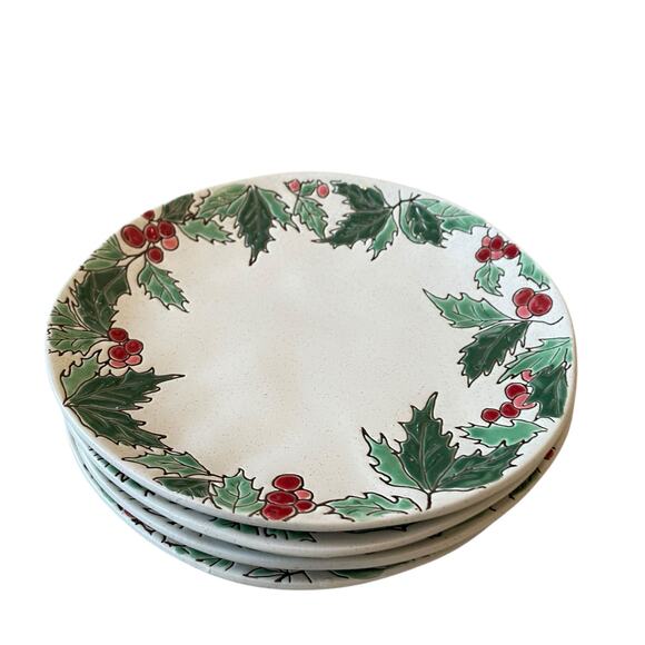 Spectrum Designz Christmas Holly Berry Salad Plates 9in Ceramic Set of 4 NEW - Picture 12 of 15